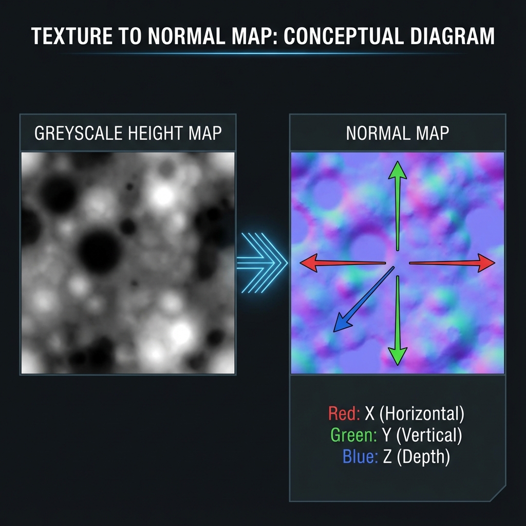 Diagram showing conversion from Height Map to Normal Map