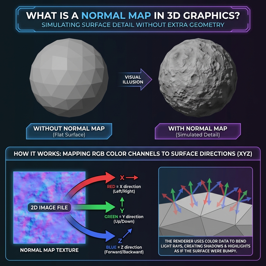 Comparison between flat surface and normal mapped surface